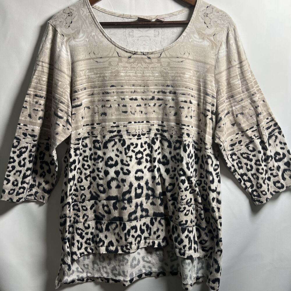 Chico's Size 3 (XL/16) Animal Leopard Mixed Print 3/4 Sleeve Top Blouse Boho